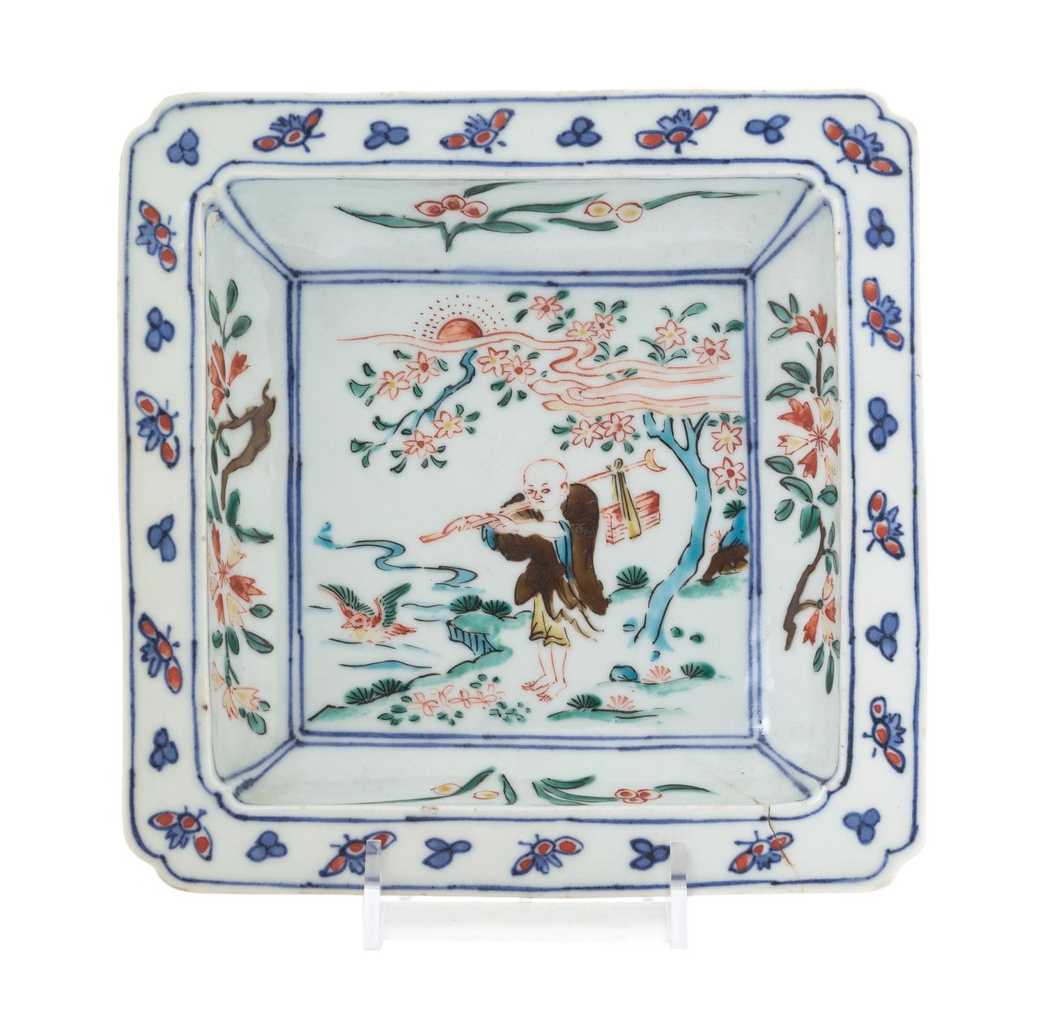 A Polychrome Glazed Porcelain Square Dish Length 7 x width 7 inches.