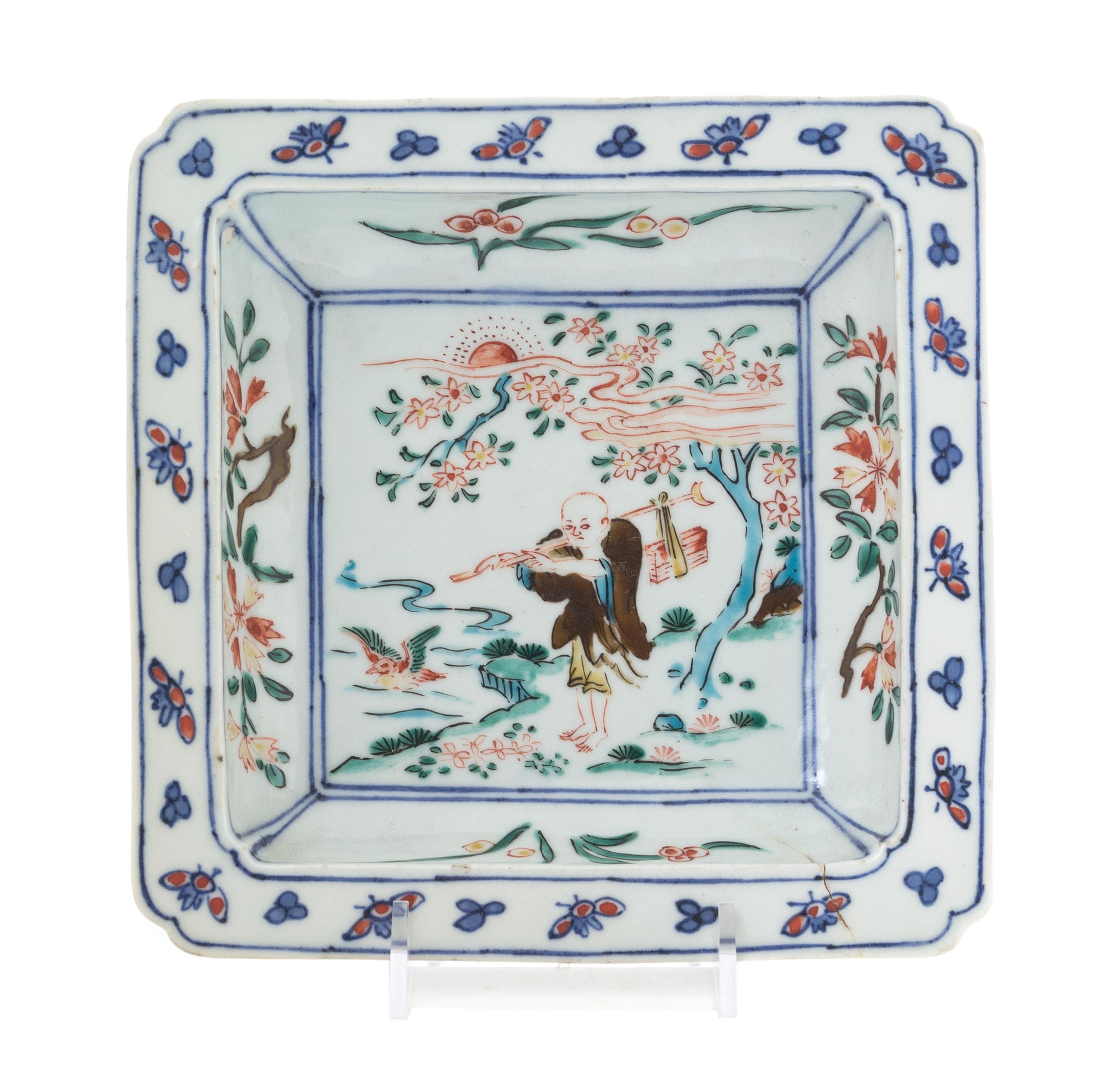 A Polychrome Glazed Porcelain Square Dish Length 7 x width 7 inches.