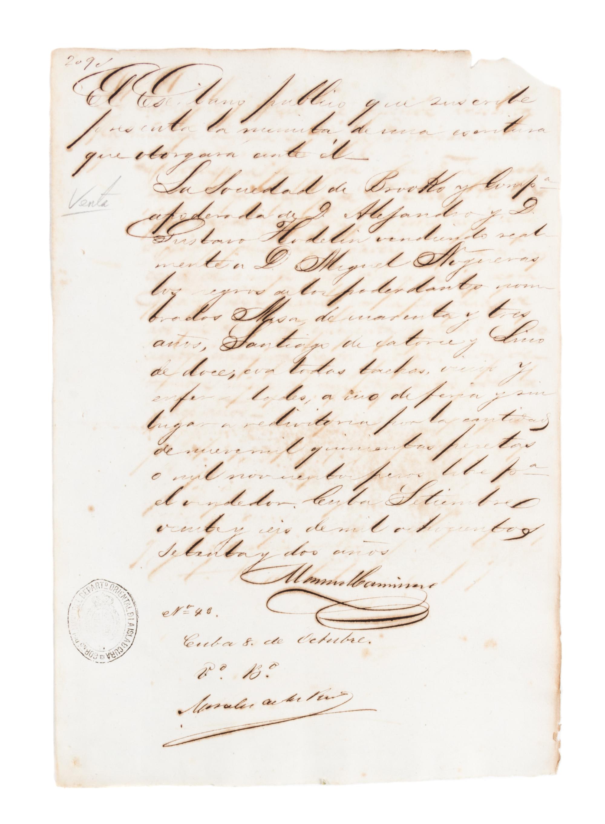 (CUBA) Six documents relating to the Chinese slave trade in Cuba.