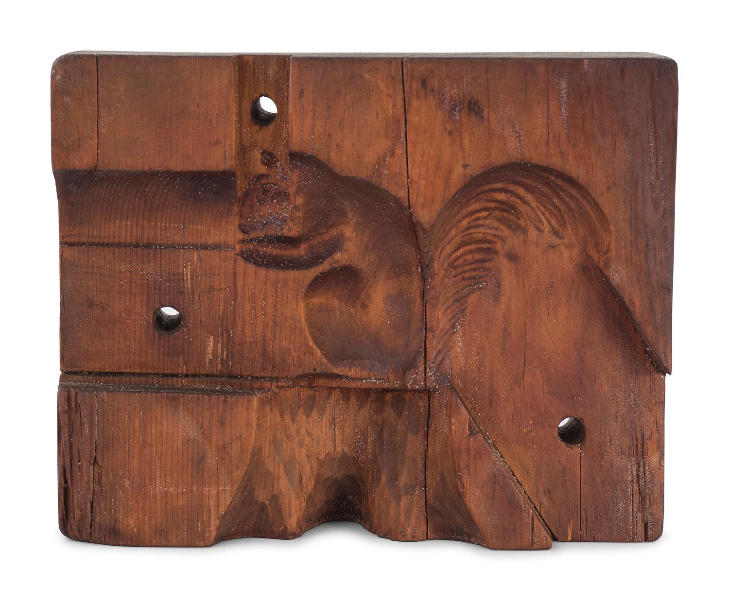 A Two-Part Carved Pine Squirrel Form Butter Mold