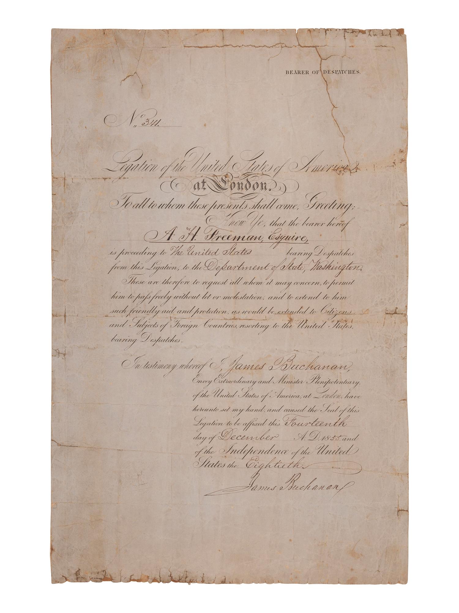 BUCHANAN, James (1791-1868). Partly printed Bearer of Despatches document signed ("James Buchanan"), as United States Minister to the United Kingdom, London, 14 December 1855.