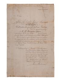 BUCHANAN, James (1791-1868). Partly printed Bearer of Despatches document signed ("James Buchanan"), as United States Minister to the United Kingdom, London, 14 December 1855.