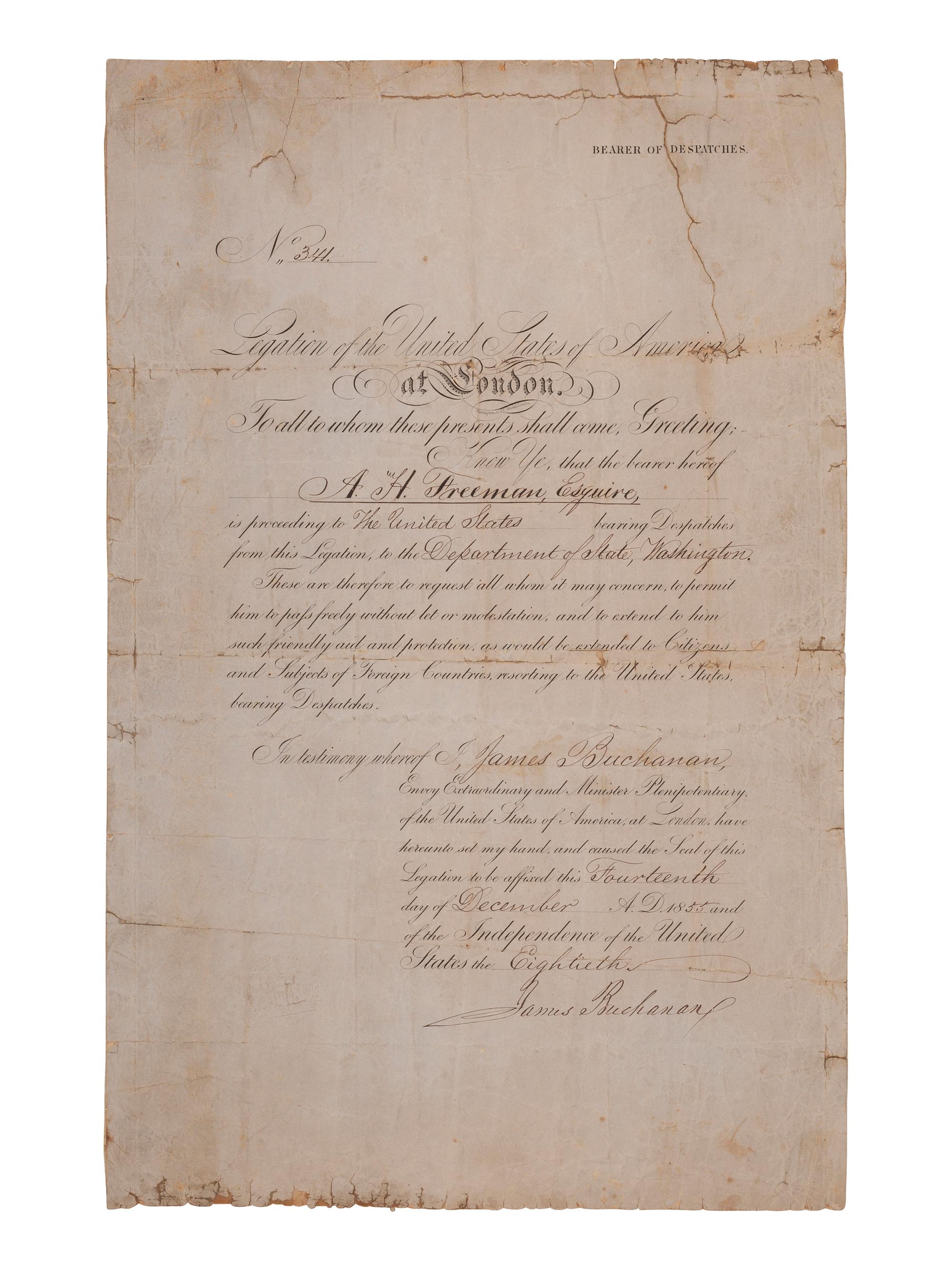 BUCHANAN, James (1791-1868). Partly printed Bearer of Despatches document signed ("James Buchanan"), as United States Minister to the United Kingdom, London, 14 December 1855.