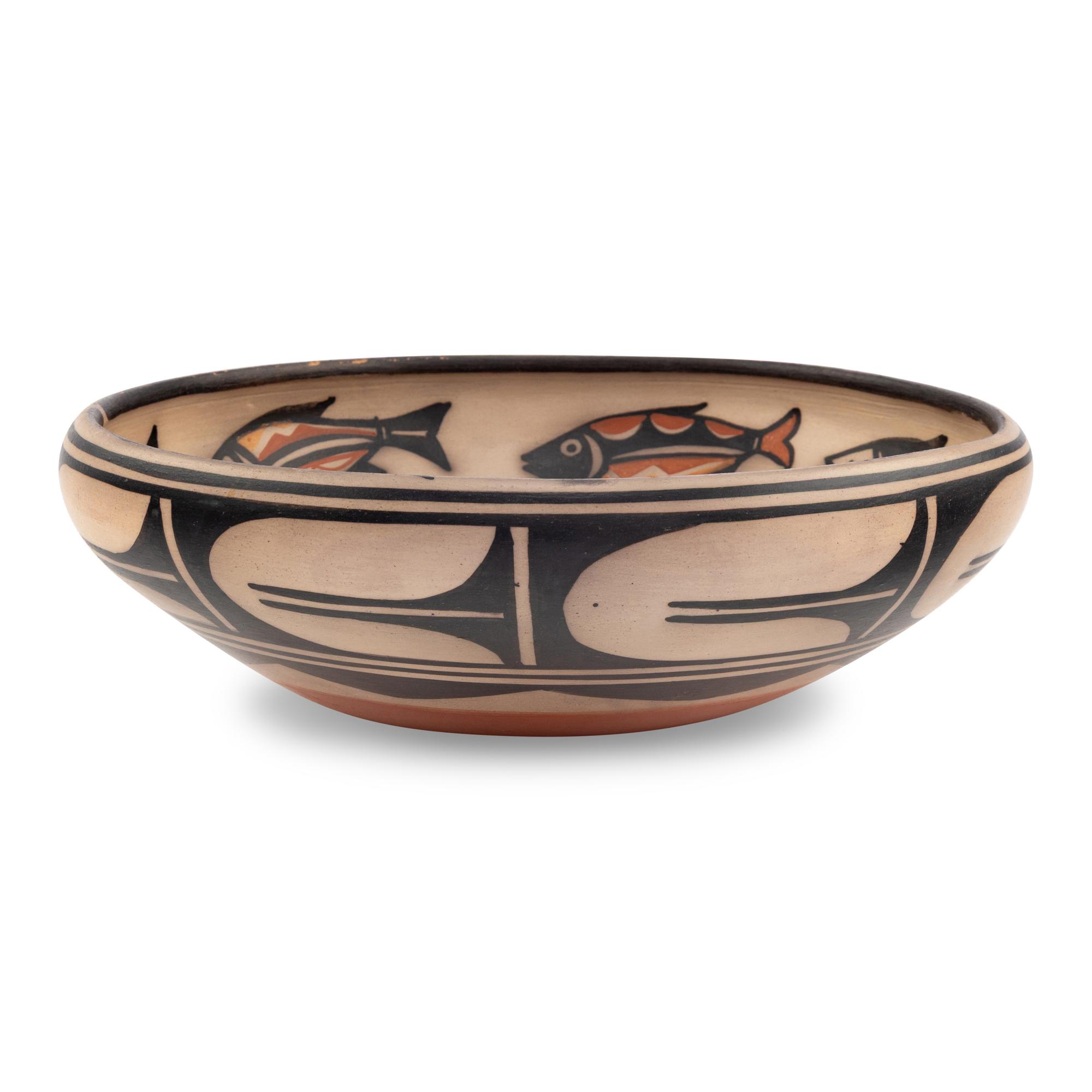 Polychrome Pottery Bowl, with School of Fish