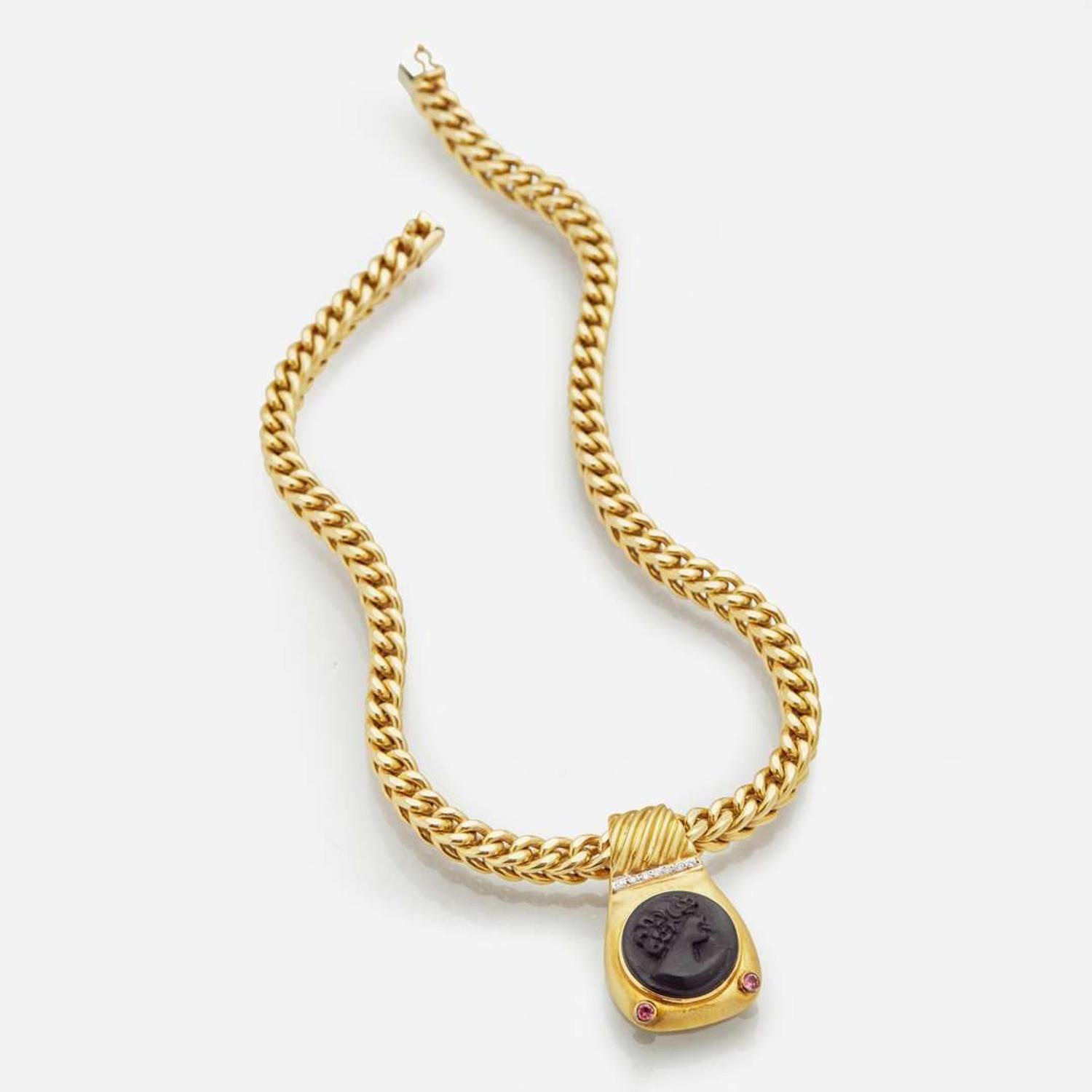 A 14K Yellow Gold Cameo and Diamond Necklace