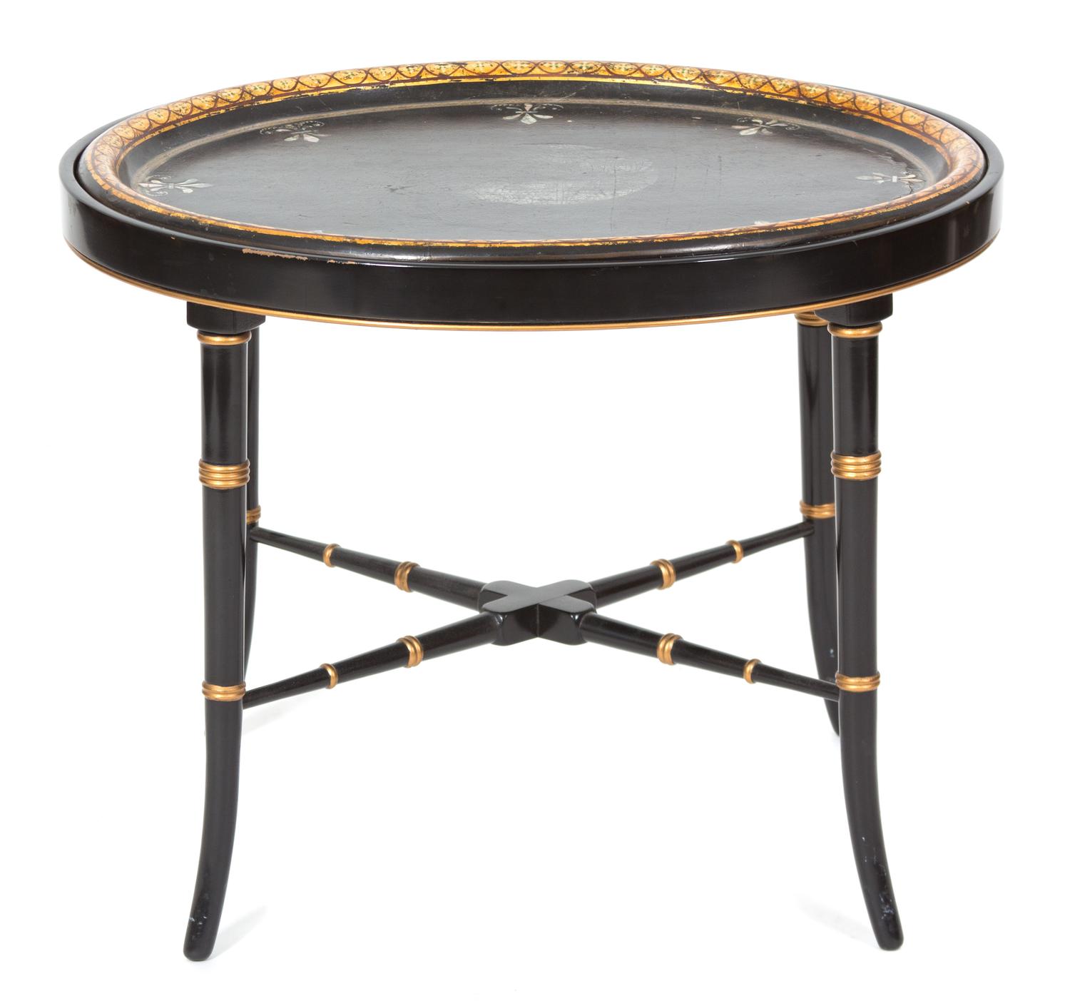 A Regency Ebonized and Gilt Lacquered Mother-of-Pearl Inset Tray Top Table Height 19 3/4 x width 24 x depth 19 1/2 inches. — 19TH CENTURY