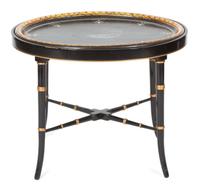 A Regency Ebonized and Gilt Lacquered Mother-of-Pearl Inset Tray Top Table Height 19 3/4 x width 24 x depth 19 1/2 inches. — 19TH CENTURY