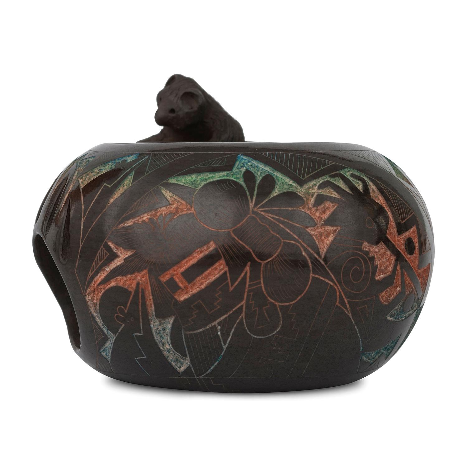 Blackware Pottery Jar, with Polychrome Sgraffito Decorations