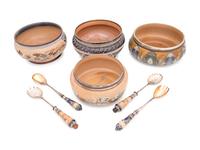 Four Doulton Lambeth Stoneware Serving Bowls and Two Salad Serving Sets