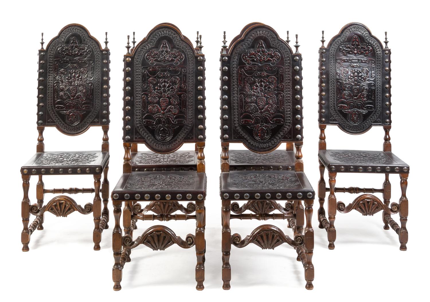 A Set of Six Spanish Baroque Style Walnut Dining Chairs Height 48 1/4 inches. — 20TH CENTURY