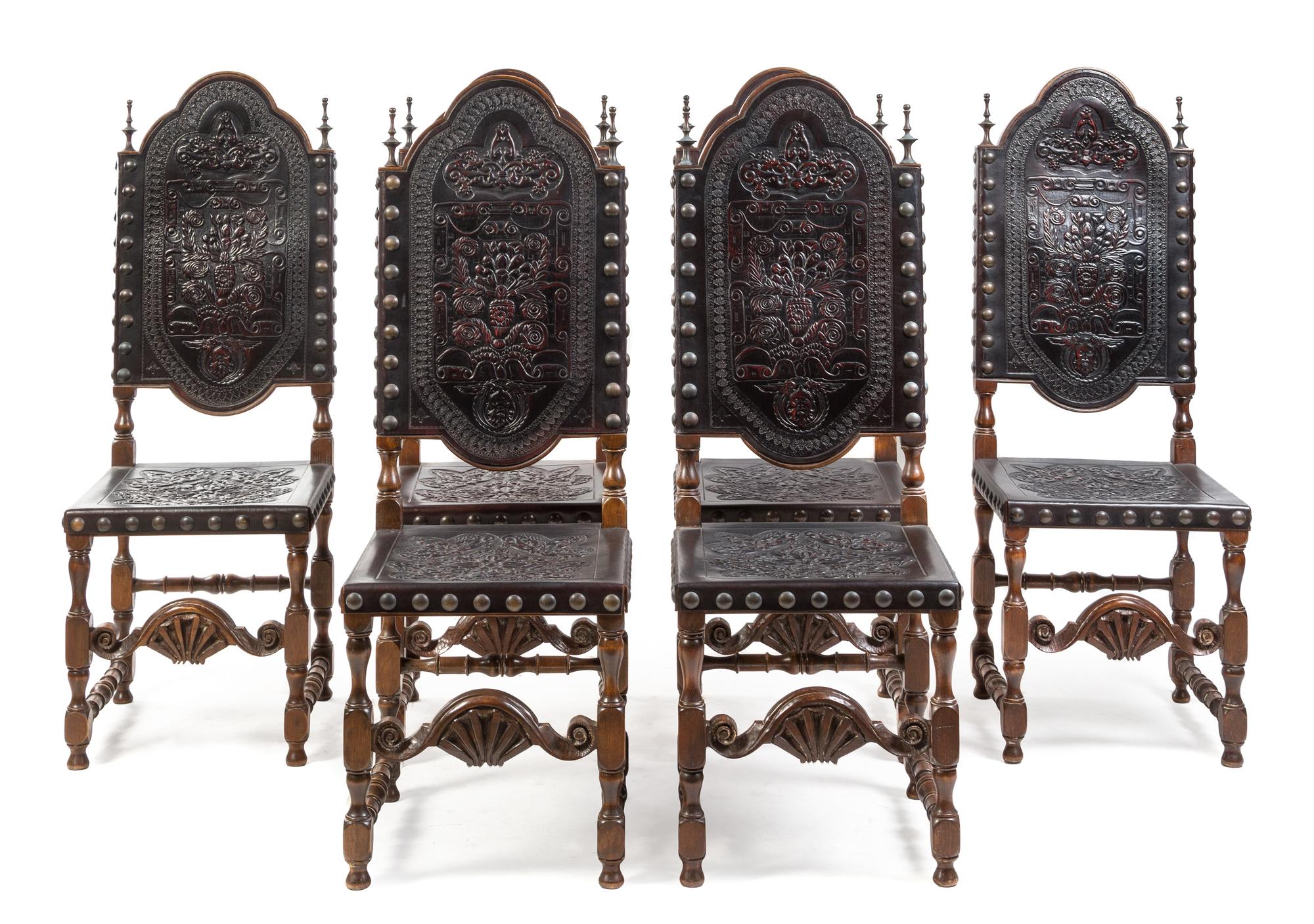 A Set of Six Spanish Baroque Style Walnut Dining Chairs Height 48 1/4 inches. — 20TH CENTURY