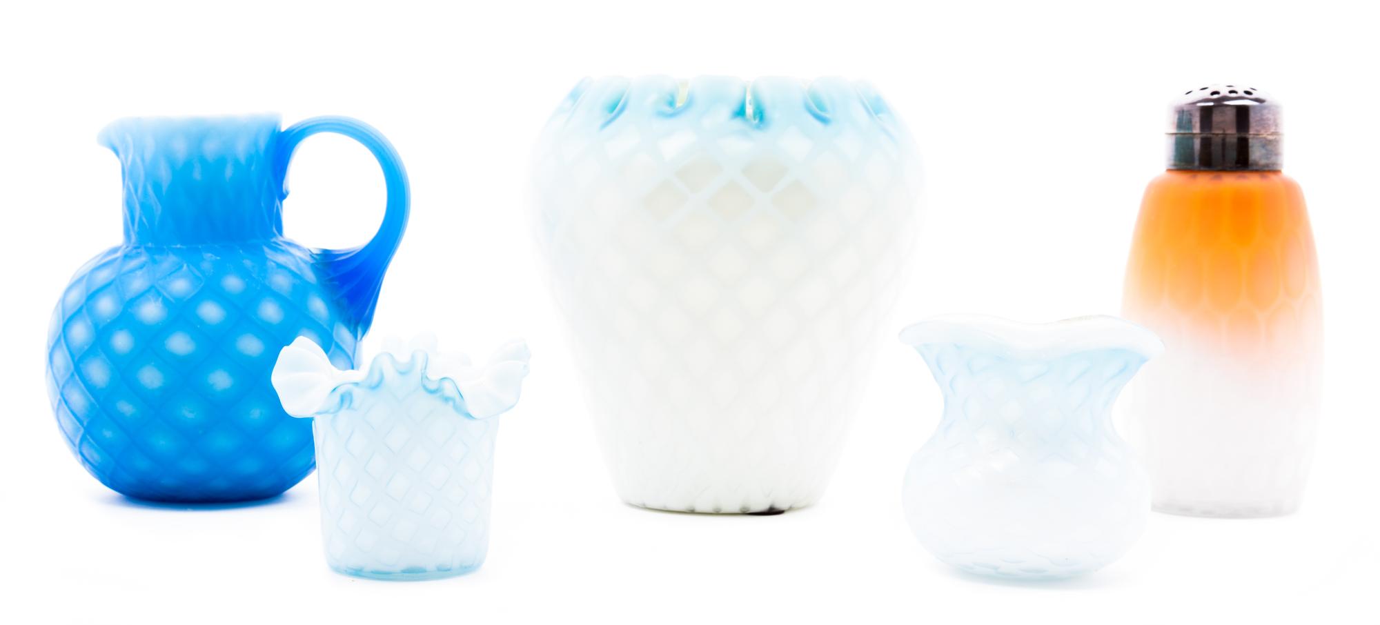 Five Victorian Quilted Glass Articles Height of tallest vase 5 1/4 inches.