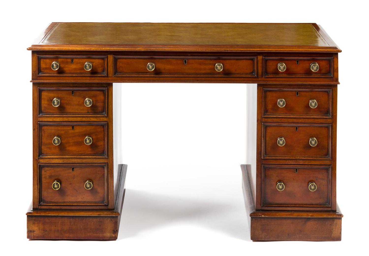 A Georgian Style Mahogany Pedestal Desk Height 29 3/4 x width 48 3/4 x depth 27 inches.