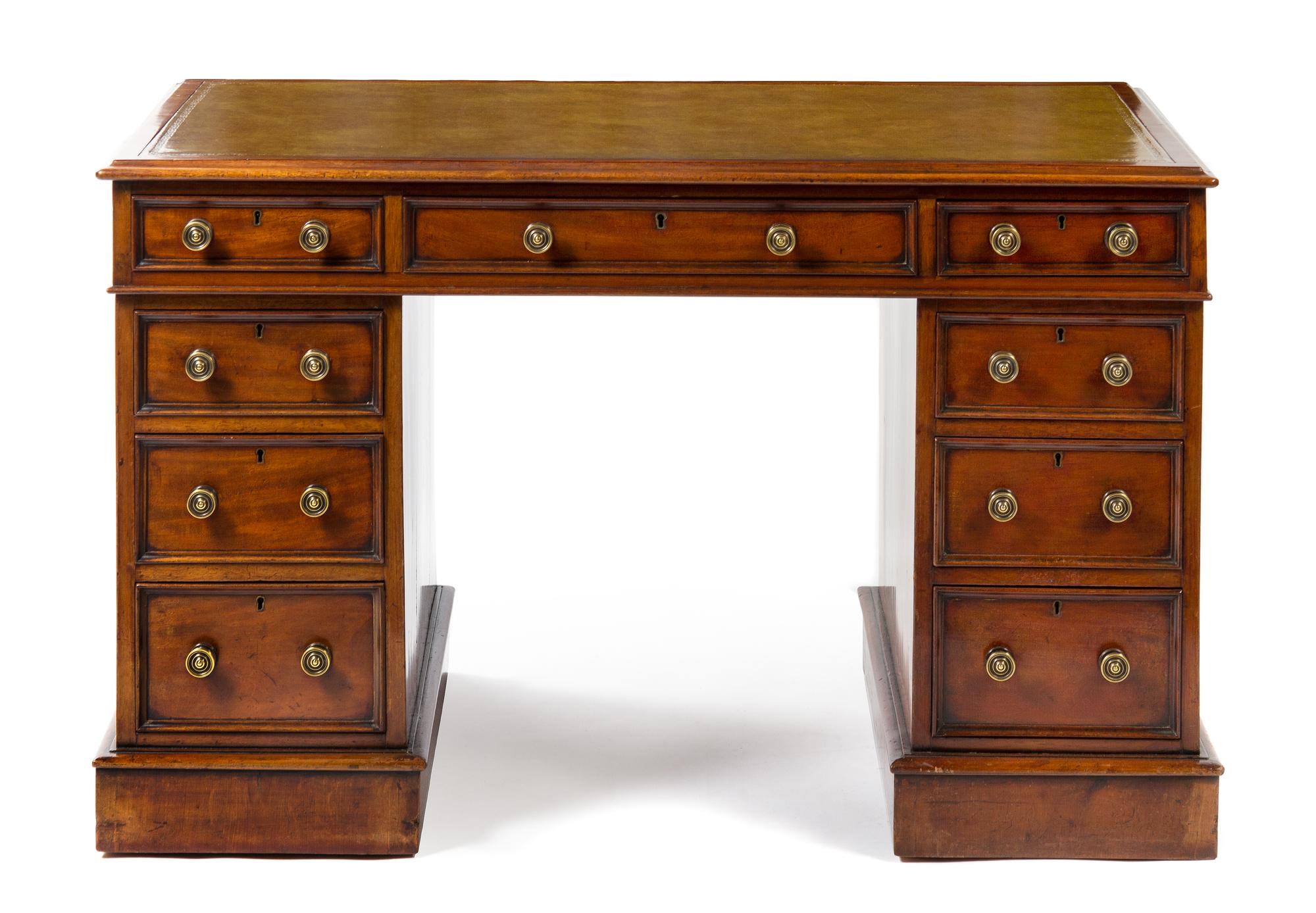 A Georgian Style Mahogany Pedestal Desk Height 29 3/4 x width 48 3/4 x depth 27 inches.