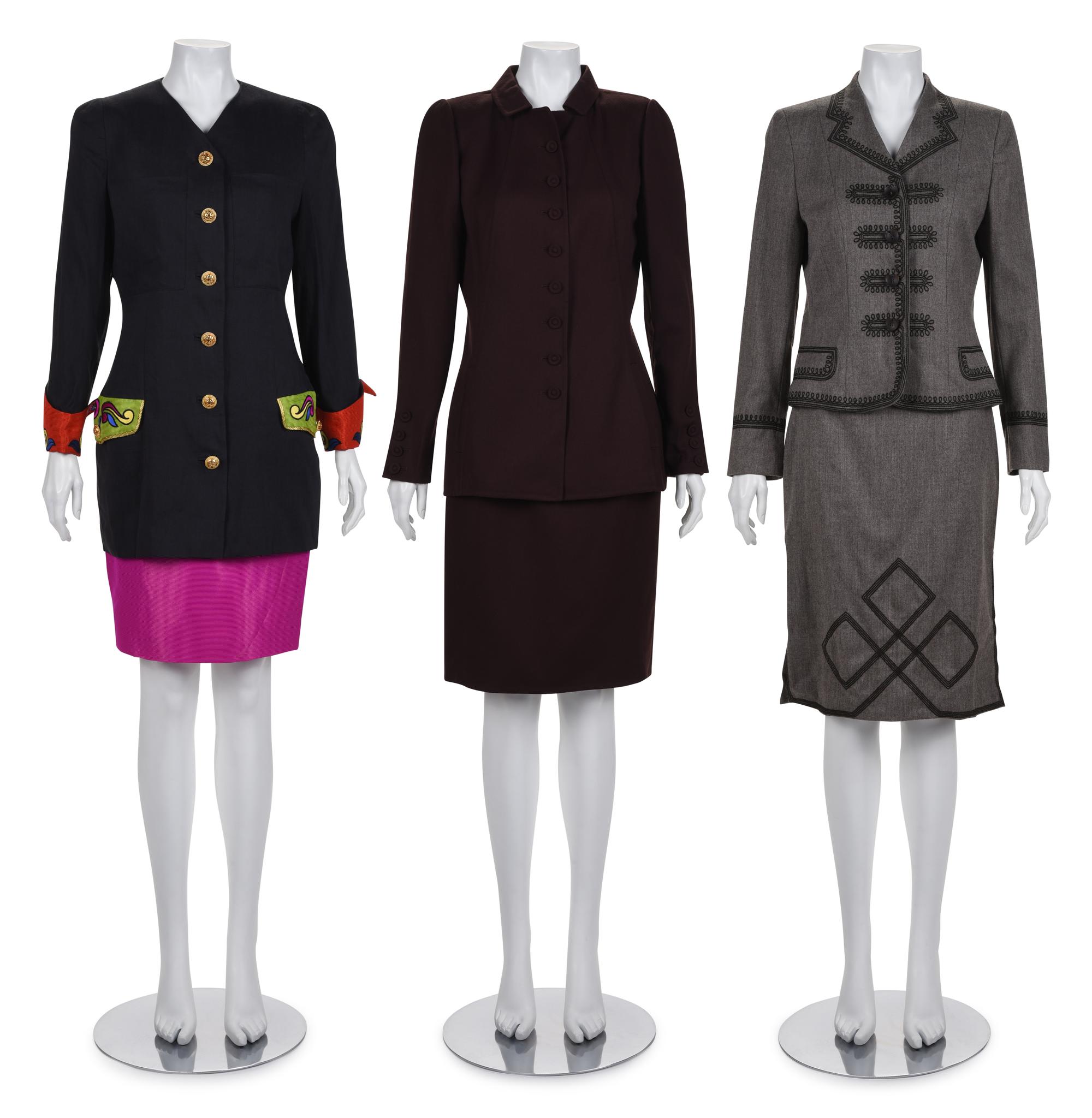 Three Designer Skirt Suits: One Gianni Versace, One Oscar de la Renta, and One Moschino, 1990s