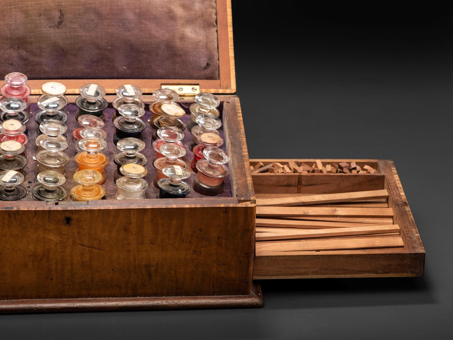 A Victorian Maple Artist's Box with Contents