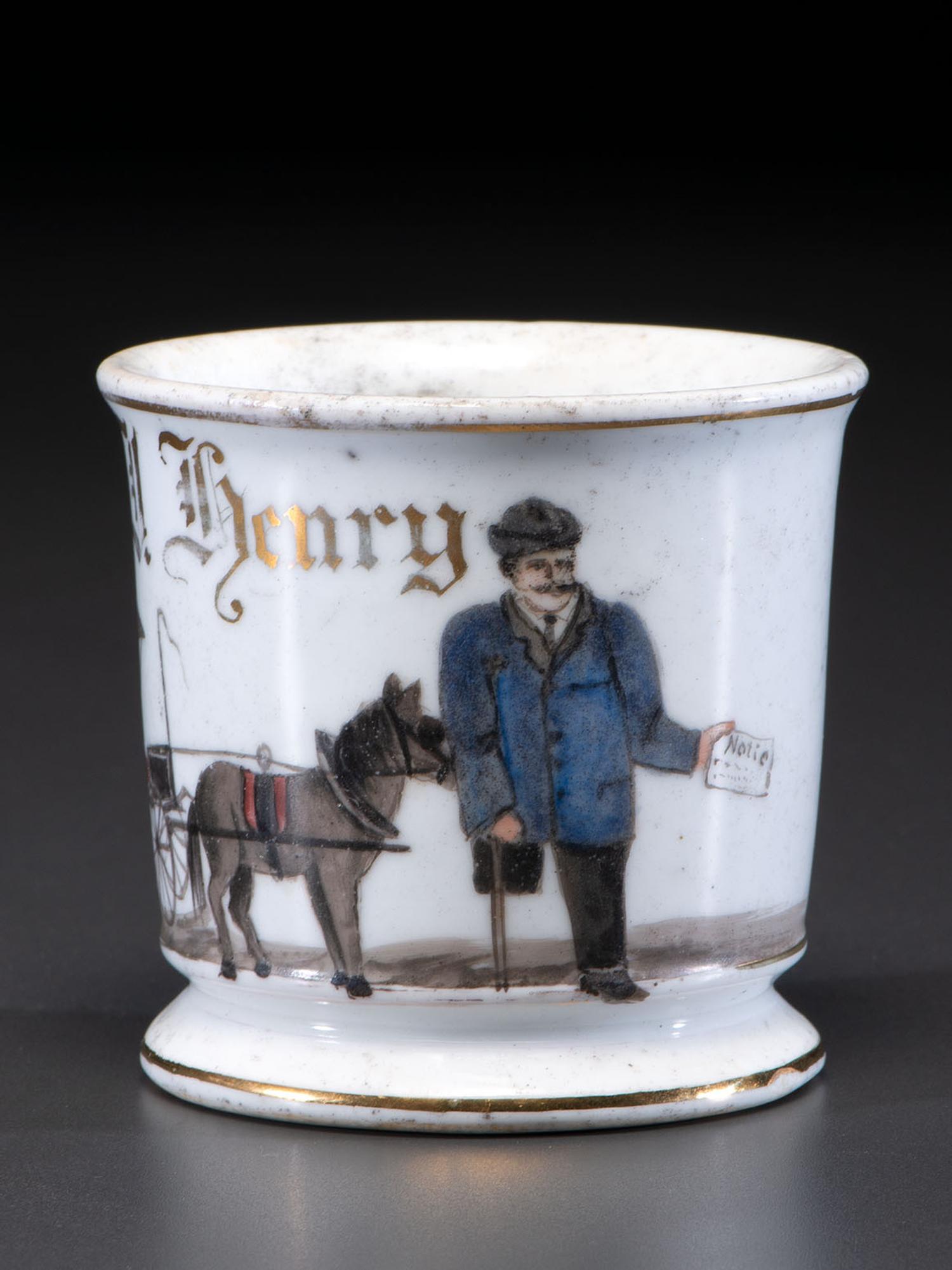 An Unusual Porcelain Occupational Shaving Mug Depicting a One-Legged Man