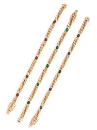 A Collection of 18 Karat Yellow Gold and Multigem Bracelets,