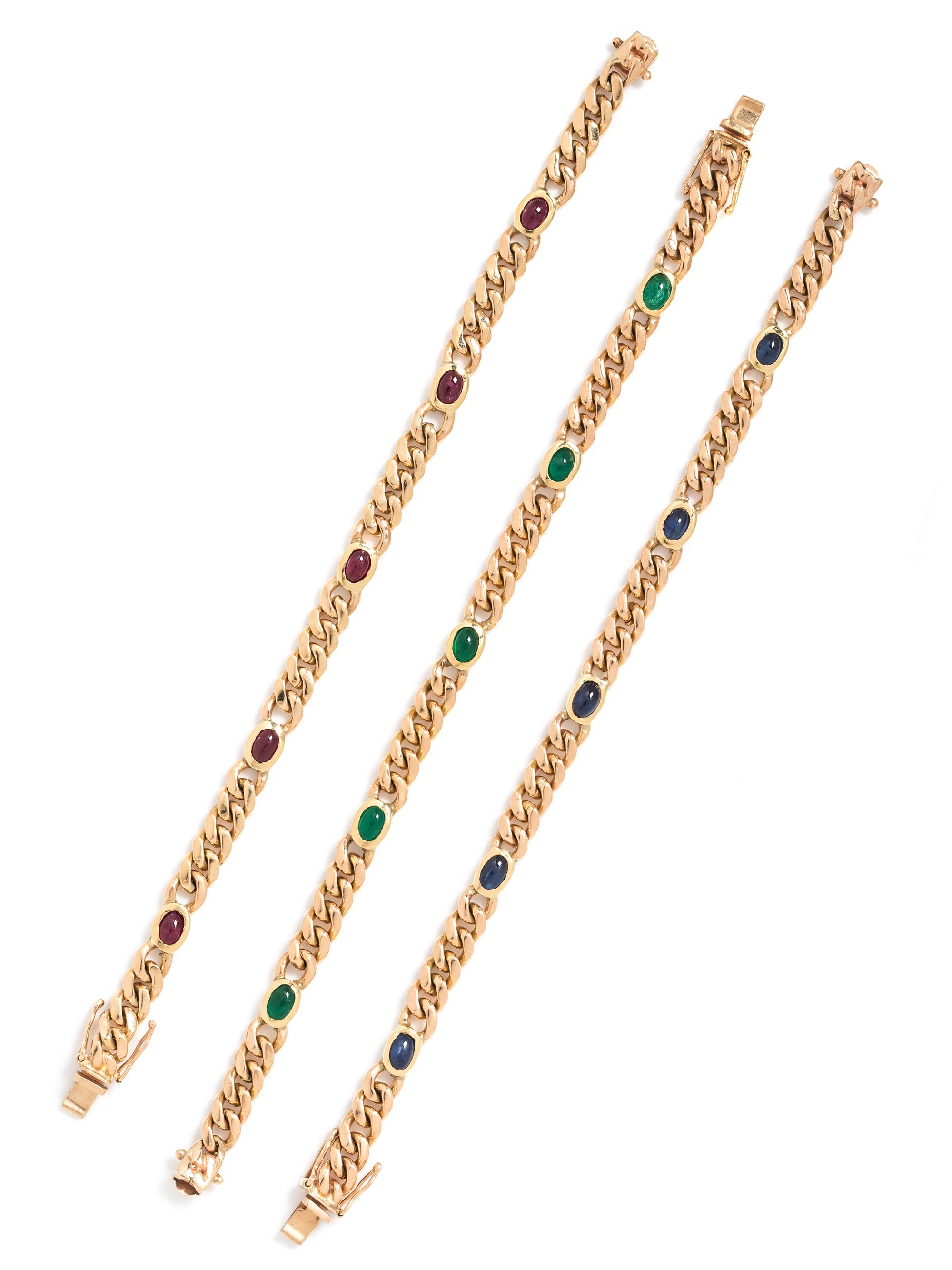 A Collection of 18 Karat Yellow Gold and Multigem Bracelets,