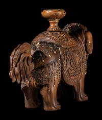 A Japanese Hardstone Inset Carved Boxwood Figure of an Shishi Lion