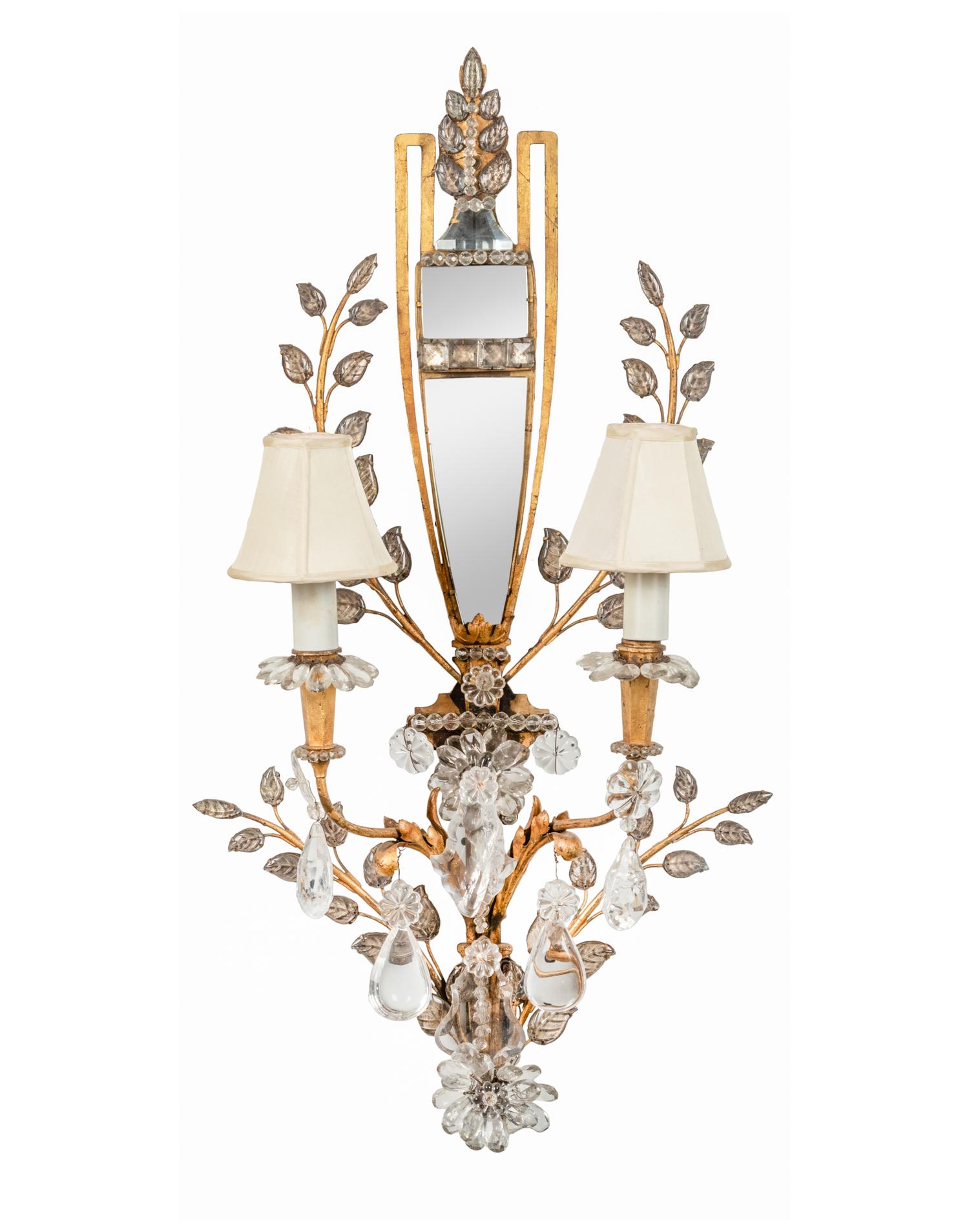 A Pair of Rock Crystal, Mirror and Gilt Metal Two-Light Sconces