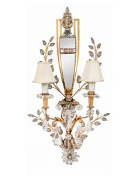 A Pair of Rock Crystal, Mirror and Gilt Metal Two-Light Sconces