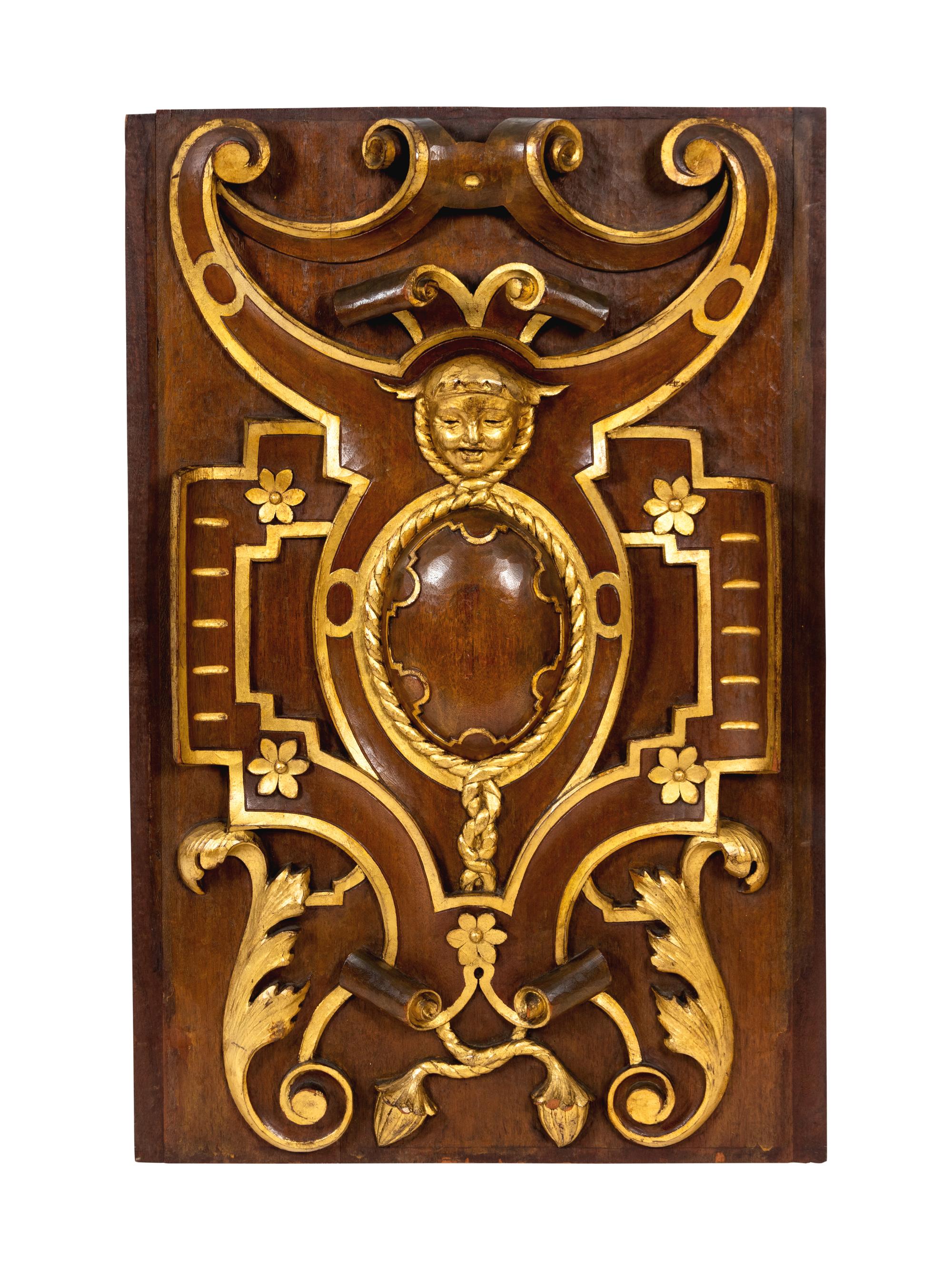 Six Italian Carved Walnut and Parcel Gilt Panels