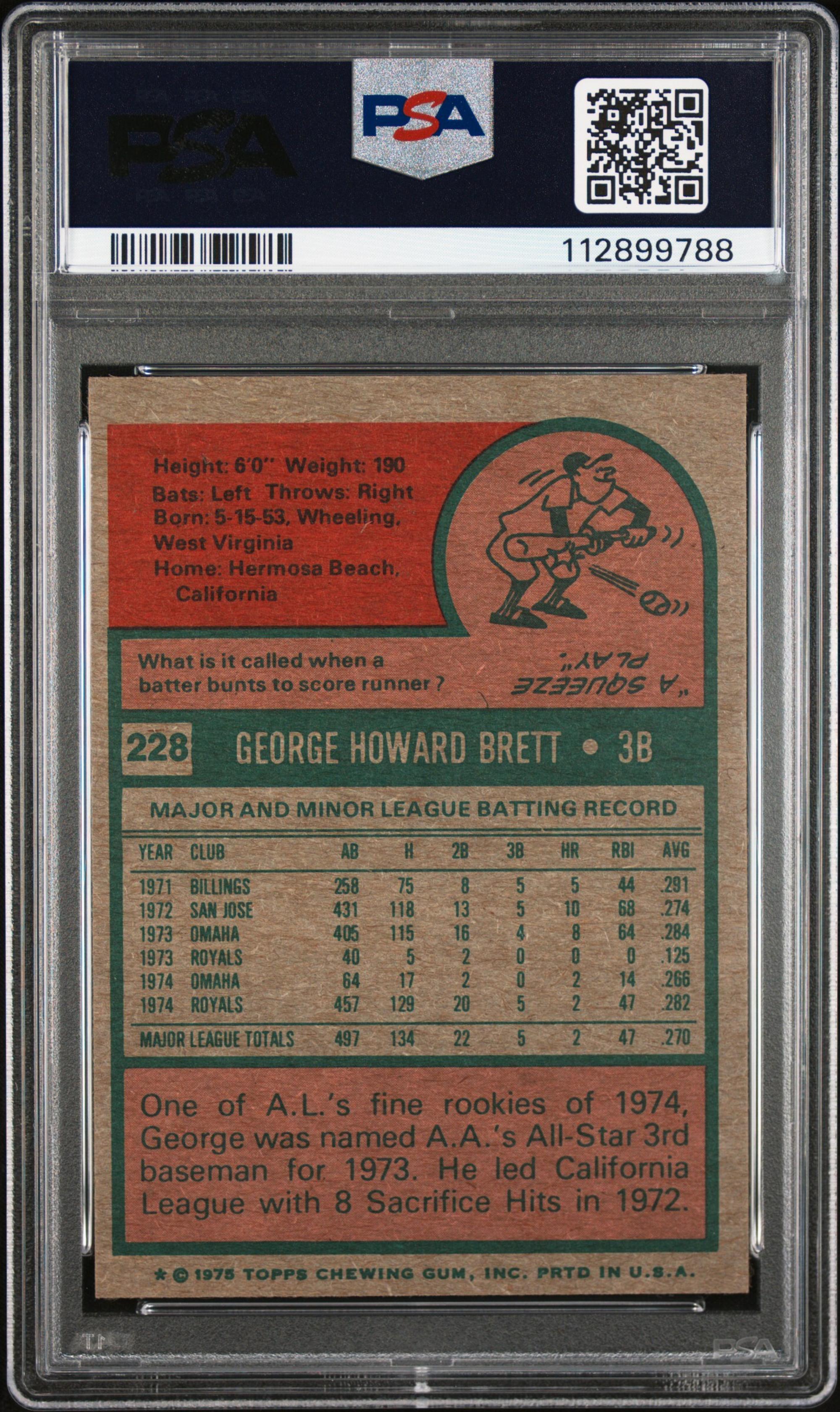 A 1975 Topps George Brett Rookie Baseball Card No. 228 (PSA 7 NM)