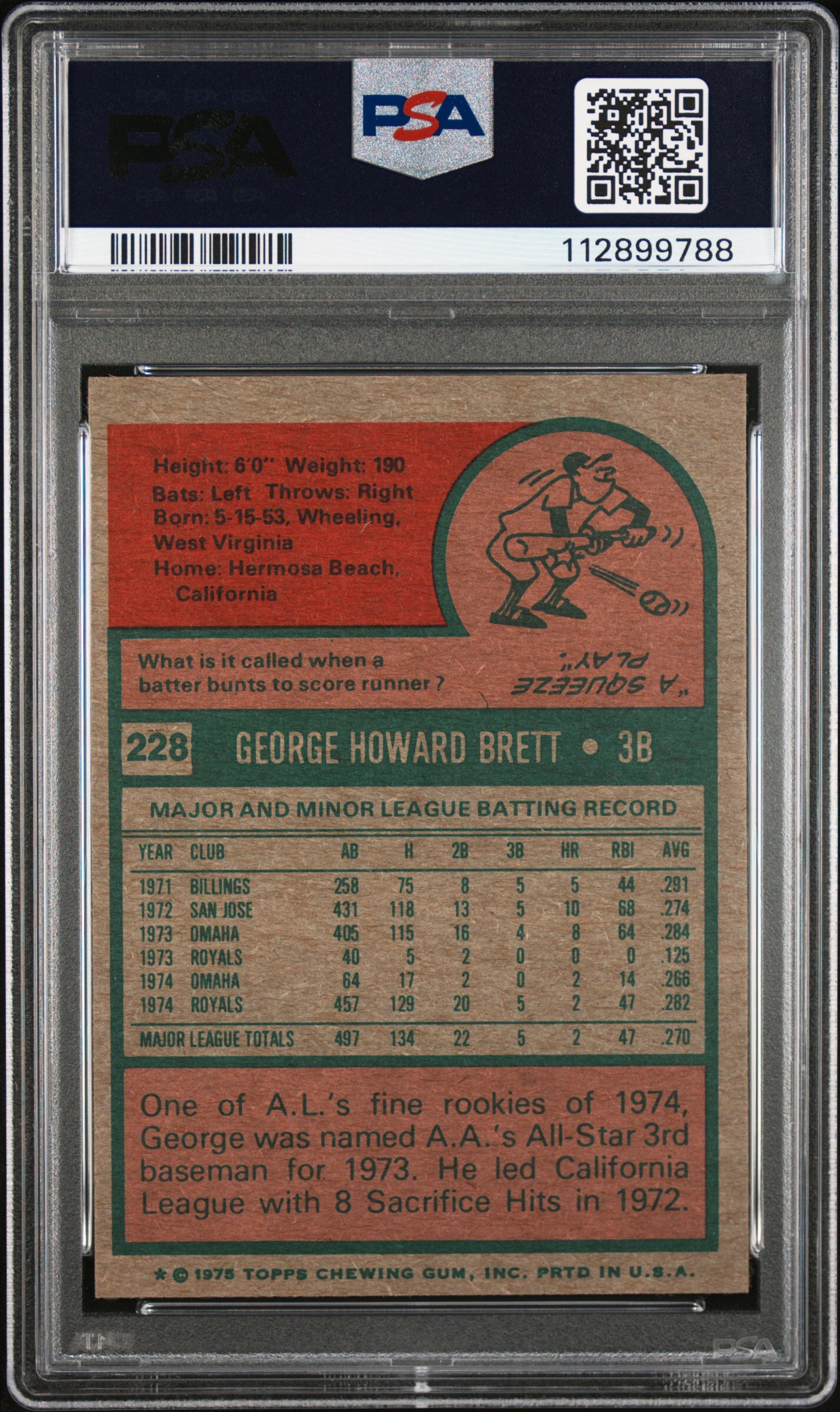 A 1975 Topps George Brett Rookie Baseball Card No. 228 (PSA 7 NM)