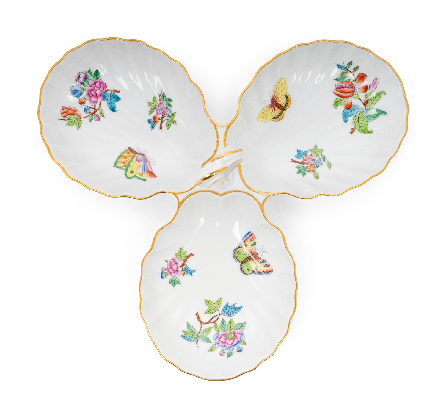 A Herend Queen Victoria Porcelain Three-Part Dish