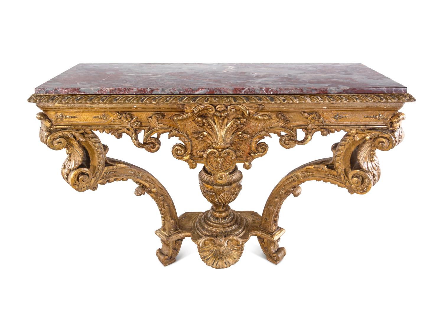 An Italian Carved Giltwood Marble-Top Console Table