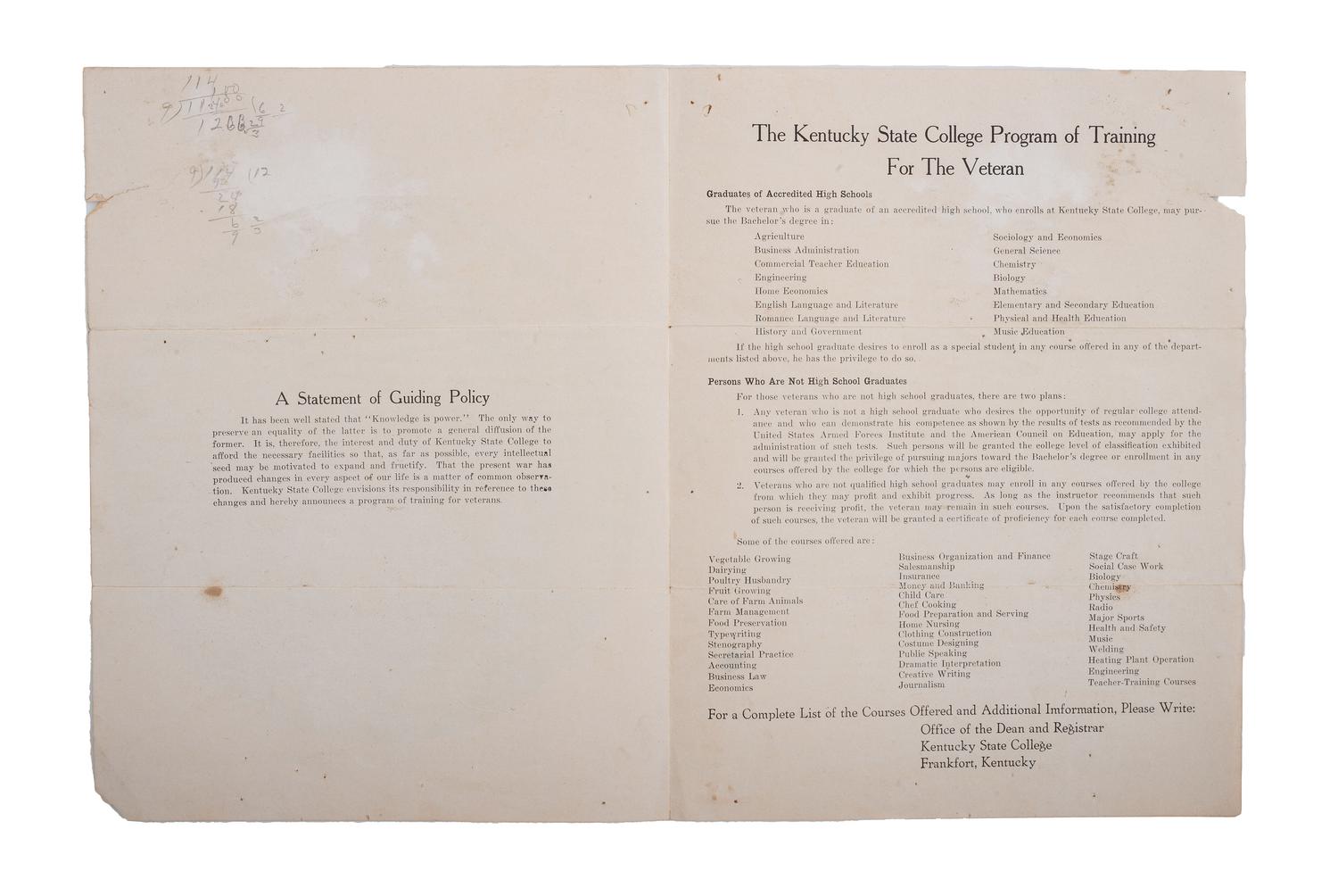 [EDUCATION] -- [WORLD WAR II]. Kentucky State College promotional pamphlet for African American veterans. Frankfort, KY: Kentucky State College, n.d..