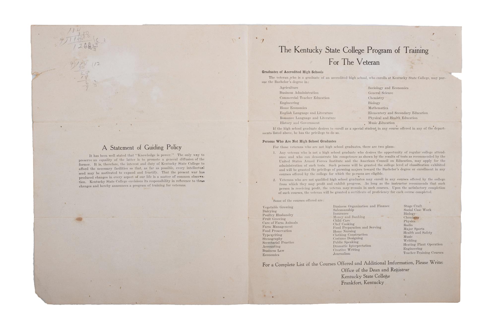 [EDUCATION] -- [WORLD WAR II]. Kentucky State College promotional pamphlet for African American veterans. Frankfort, KY: Kentucky State College, n.d..