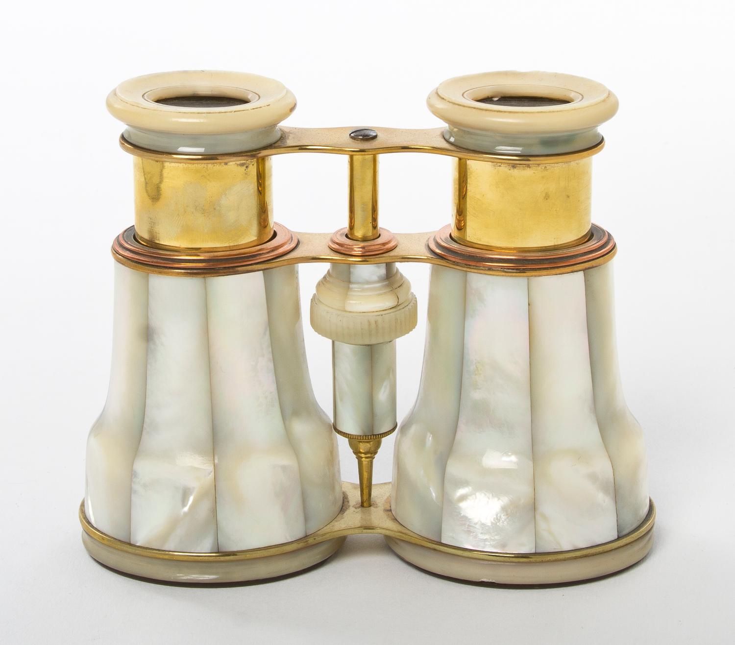A Pair of French Mother-of-Pearl Veneered Opera Glasses, Width 4 7/8 inches.