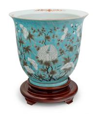 A Chinese Turquoise Ground Grisaille Decorated Porcelain Jardiniere