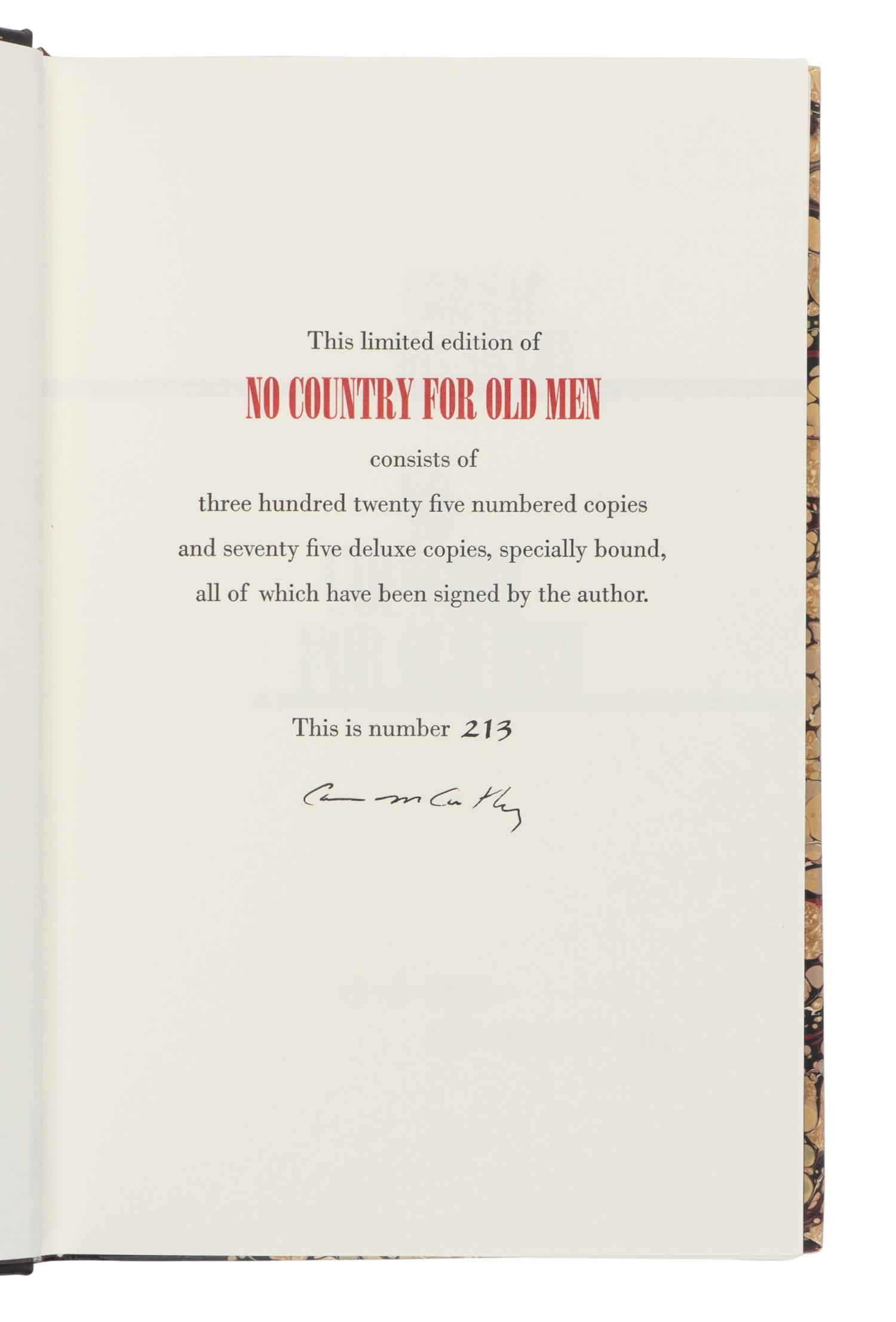 MCCARTHY, Cormac (1933-2023). No Country for Old Men . New Orleans: B.E. Trice, 2005.