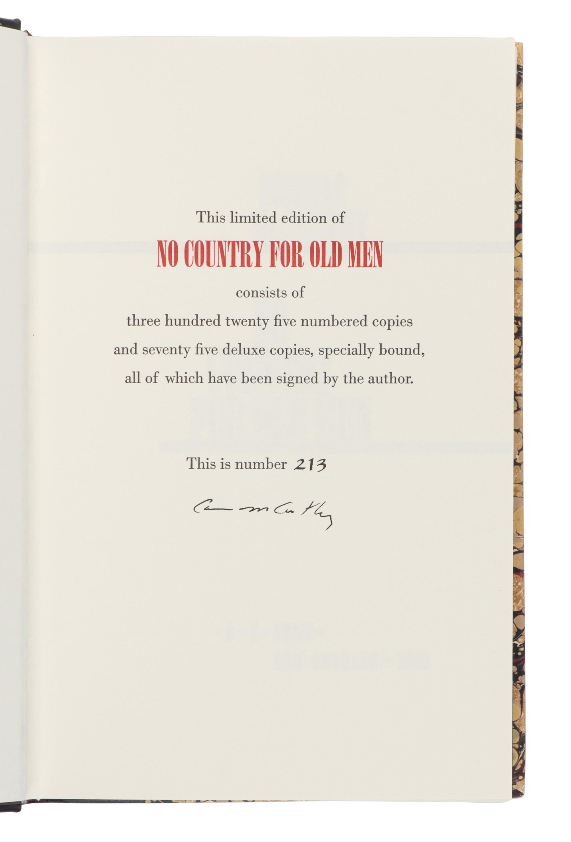 MCCARTHY, Cormac (1933-2023). No Country for Old Men . New Orleans: B.E. Trice, 2005.