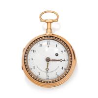 CHEVALIER & CO. ENAMEL, PEARL AND DIAMOND OPEN FACE POCKET WATCH
