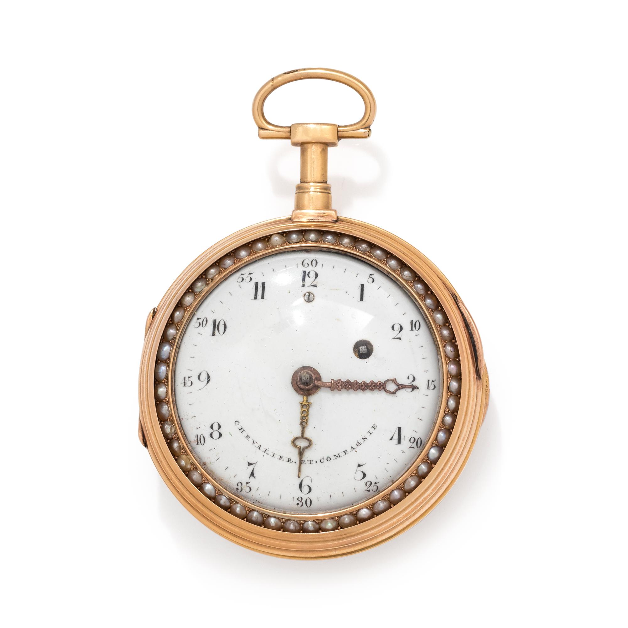 CHEVALIER & CO. ENAMEL, PEARL AND DIAMOND OPEN FACE POCKET WATCH