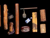 Seven Japanese Bamboo Portable Writing Sets and One Brushpot