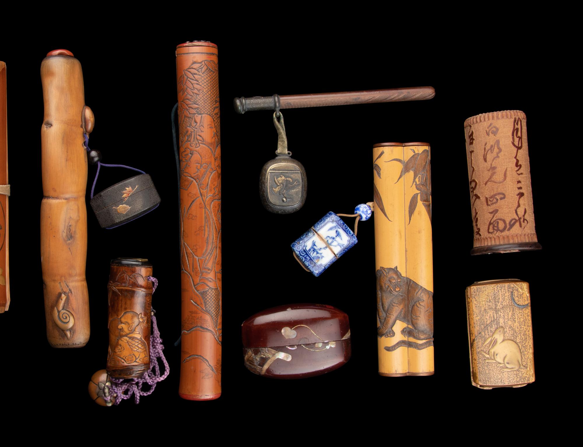 Seven Japanese Bamboo Portable Writing Sets and One Brushpot