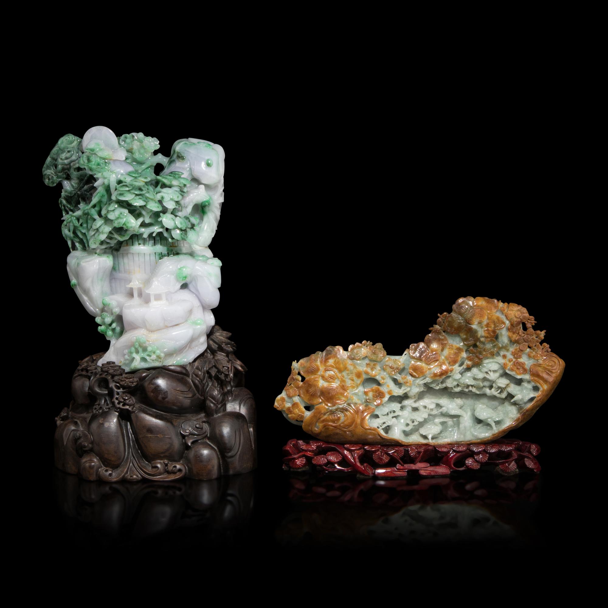 Two Chinese Jade and Jadeite Carvings, 20th Century 近代 翡翠擺件兩尊