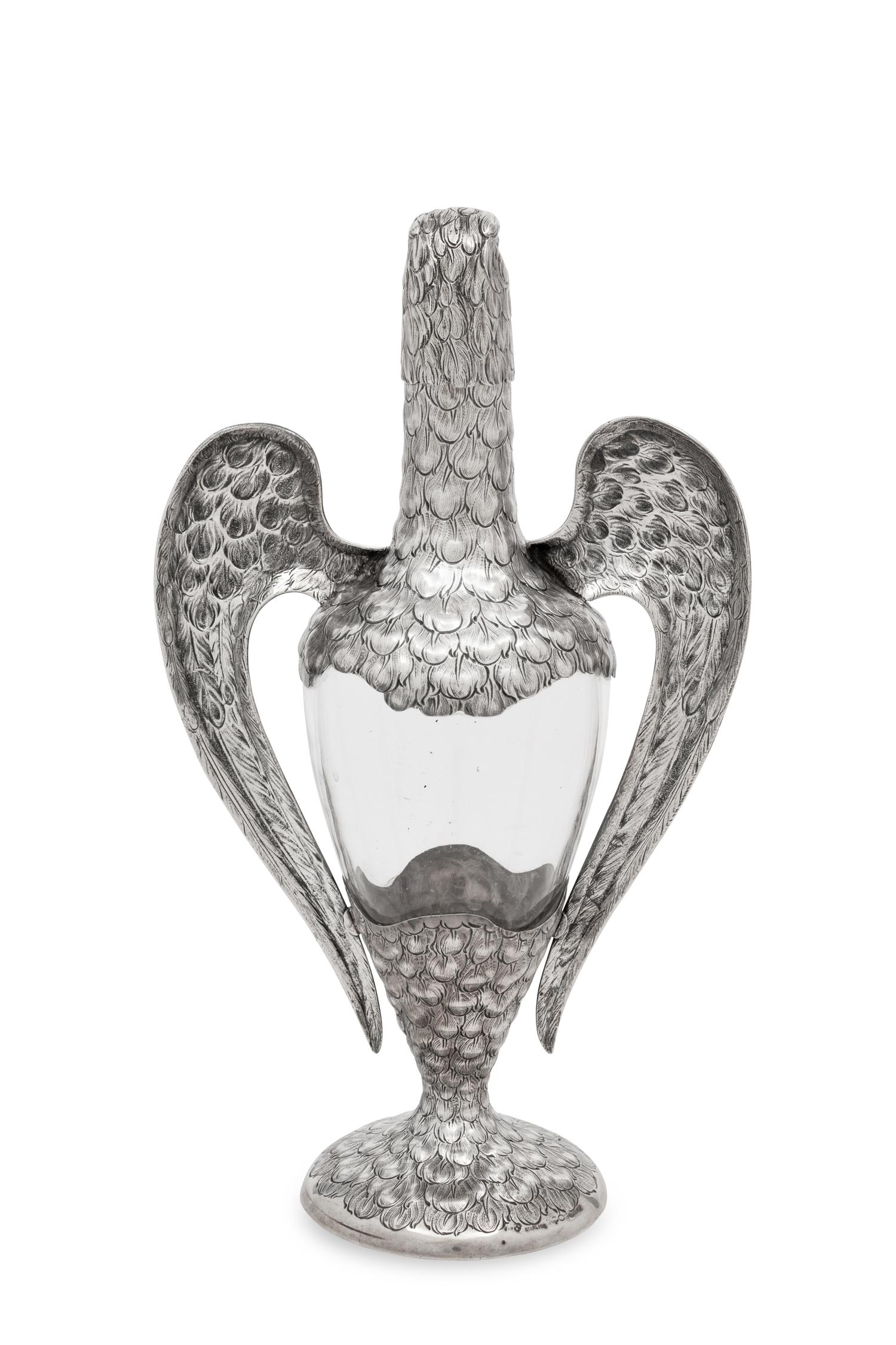 A German Silver-Mounted Glass Eagle-Form Decanter