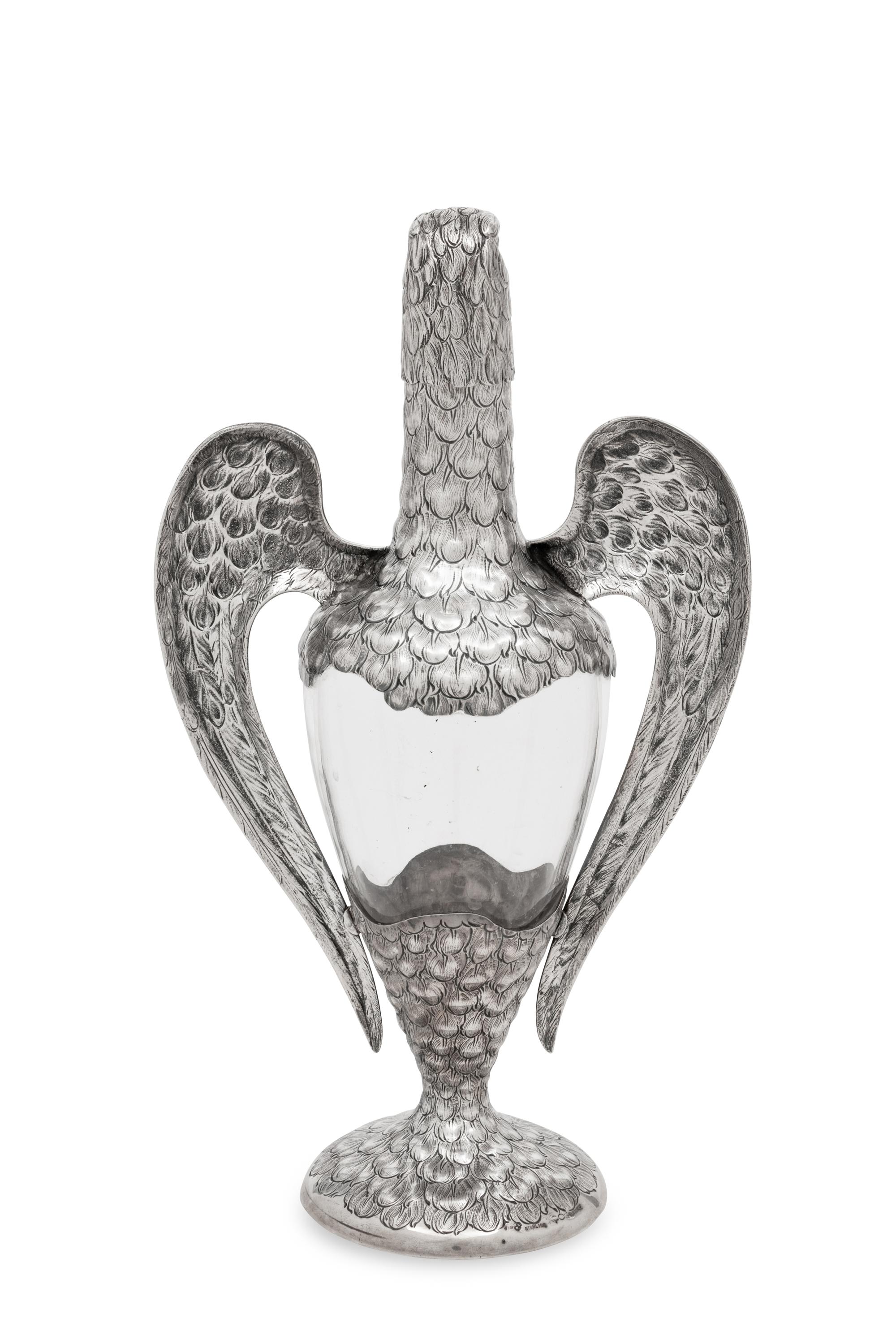 A German Silver-Mounted Glass Eagle-Form Decanter