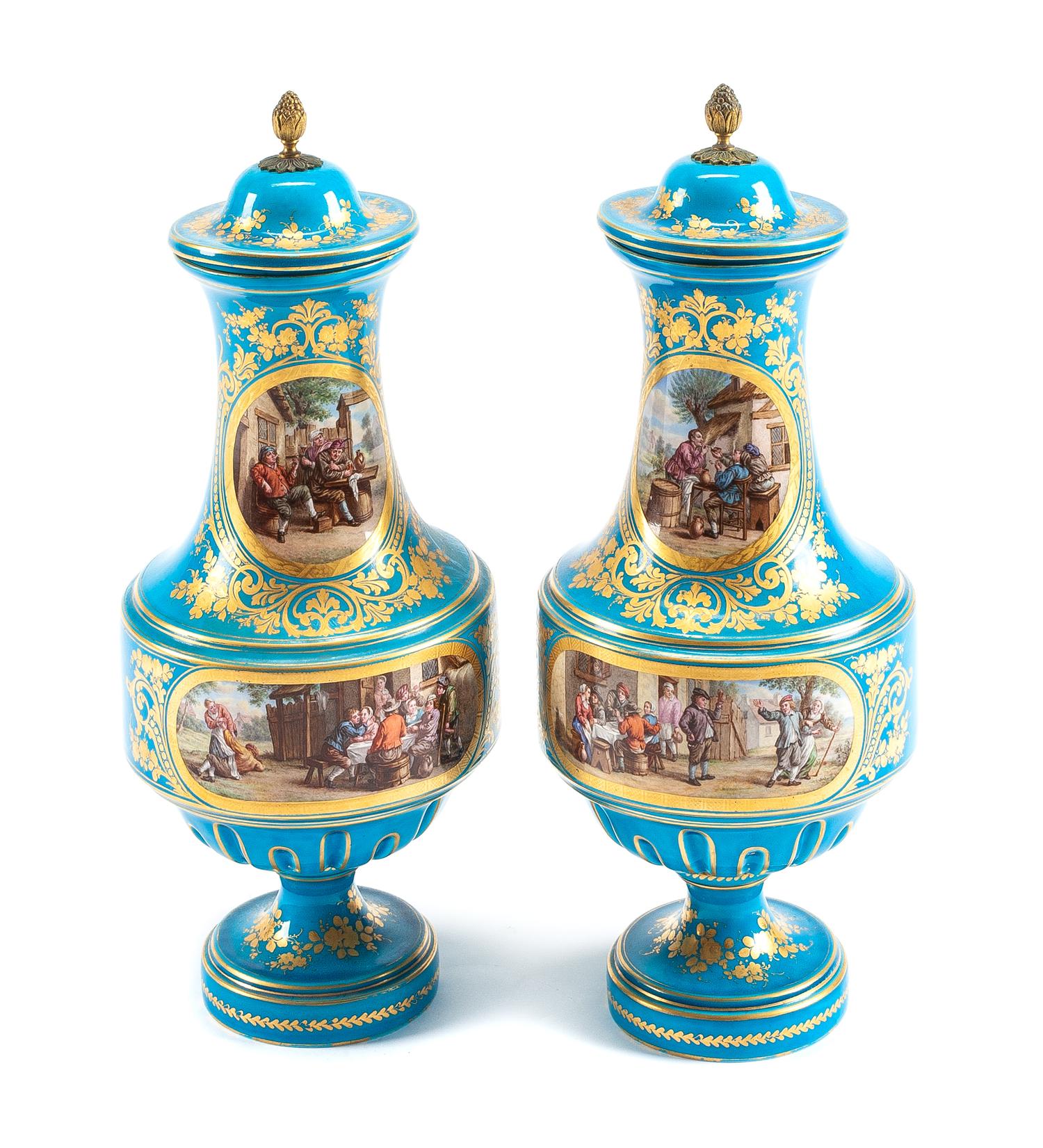 A Pair of Sevres Style Porcelain Vases and Covers Height 18 inches. — 19TH CENTURY