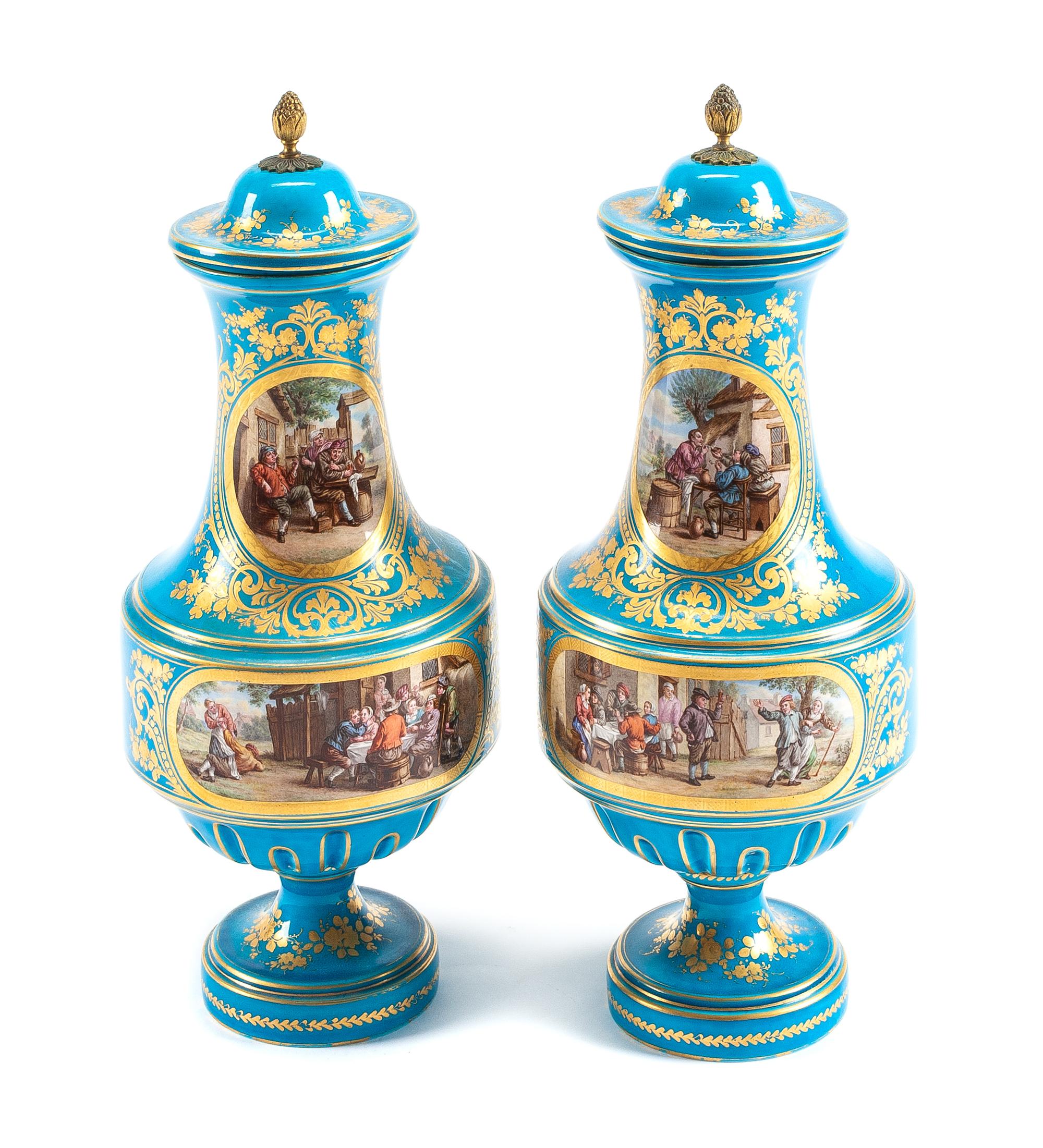 A Pair of Sevres Style Porcelain Vases and Covers Height 18 inches. — 19TH CENTURY