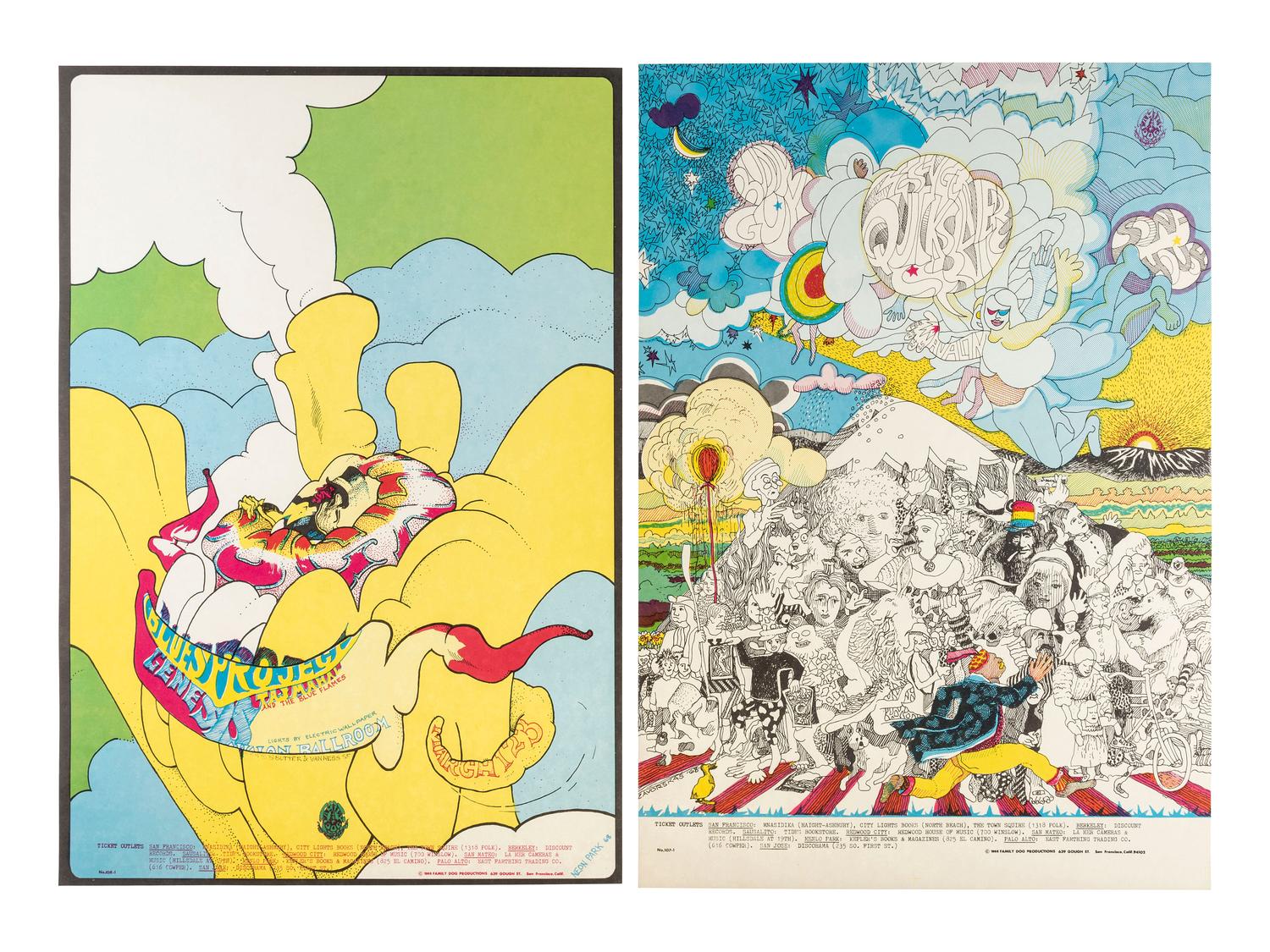 [MUSIC] -- [POSTERS]. GRIFFIN, Rick, FRIED, Robert, MOUSE, Stanley, KELLEY, Alton, MOSCOSO, Victor, artists. A group of 8 Family Dog posters from 1968, comprising: