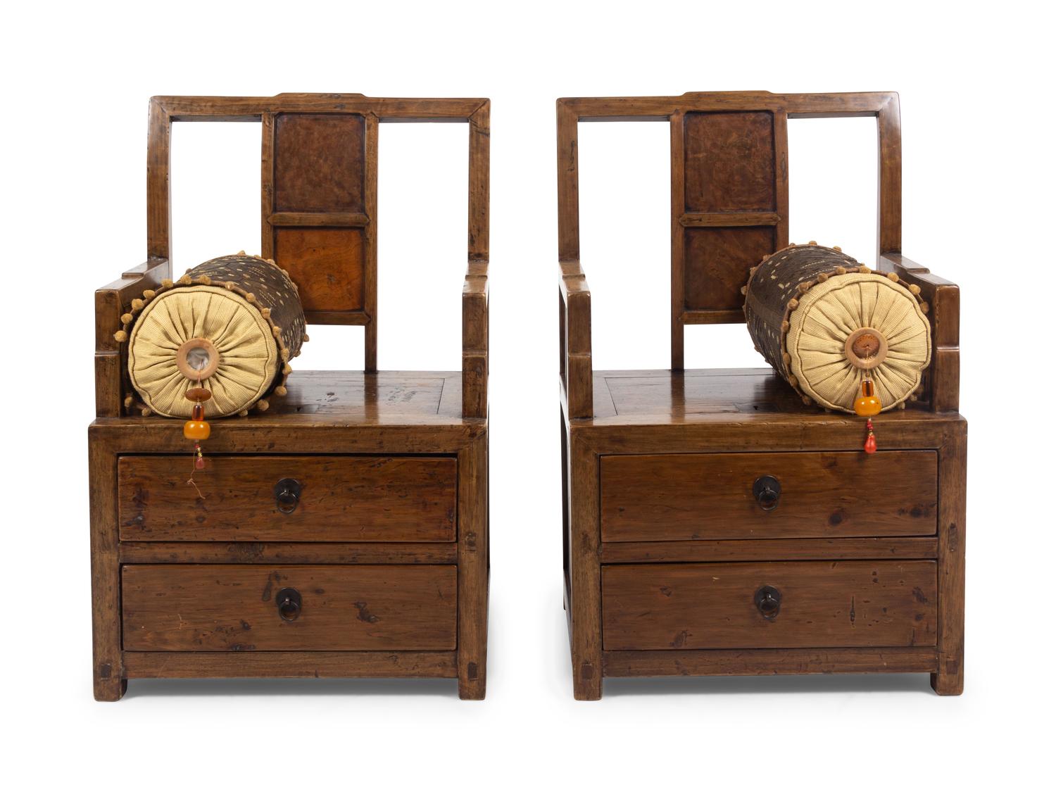 A Pair of Chinese Burlwood Inset Elmwood Armchairs