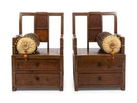 A Pair of Chinese Burlwood Inset Elmwood Armchairs