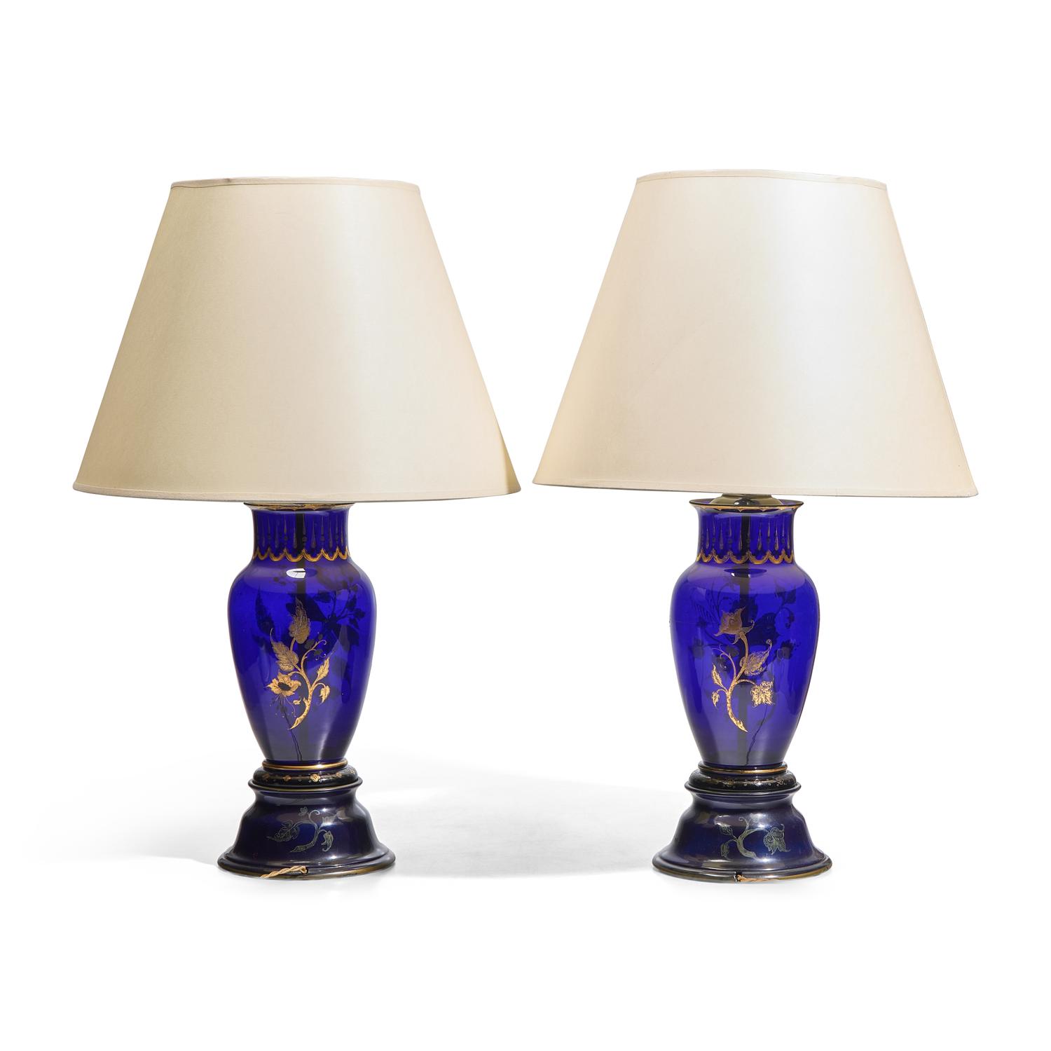 A Pair of Bohemian Parcel-Gilt Cobalt-Blue Glass Butterfly Decorated Vases, Now Mounted as Lamps